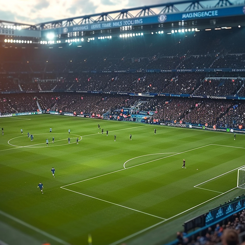 Players and fans at a community football match at sunset